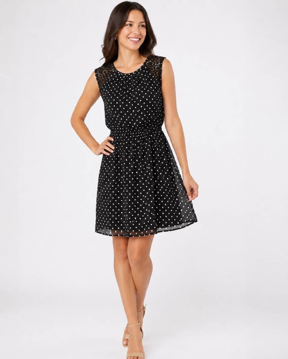 Maurices Black White Polka Dot Lace Shoulder Sleeveless Dress Size Small